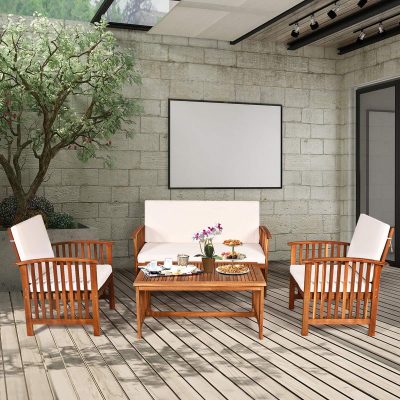 [Open Box] Tangkula Outdoor 4 Pcs Acacia Wood Sofa Set w/Water Resistant Cushions, Padded Patio Seating Chat Set w/Coffee Table for Garden, Backyard, Poolside (1, White)
