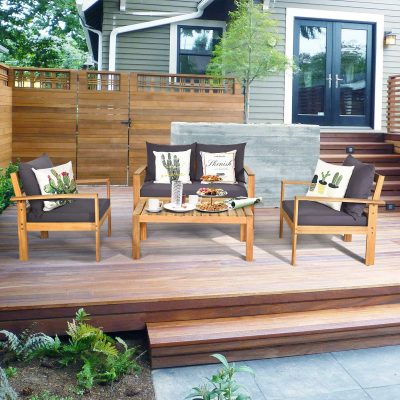 [Open Box] Tangkula Outdoor 4-Piece Acacia Wood Chat Set, 4 Seater Acacia Wood Conversation Sofa and Table Set with Waterproof Furniture Cover, Teak Finished