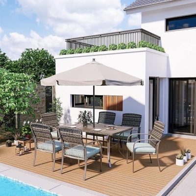 [Open Box] Pamapic Patio Dining Set, 7 Piece, Outdoor Wicker Furniture Set for Backyard Garden Deck Poolside/Iron Slats Table Top, Removable Cushion, Green